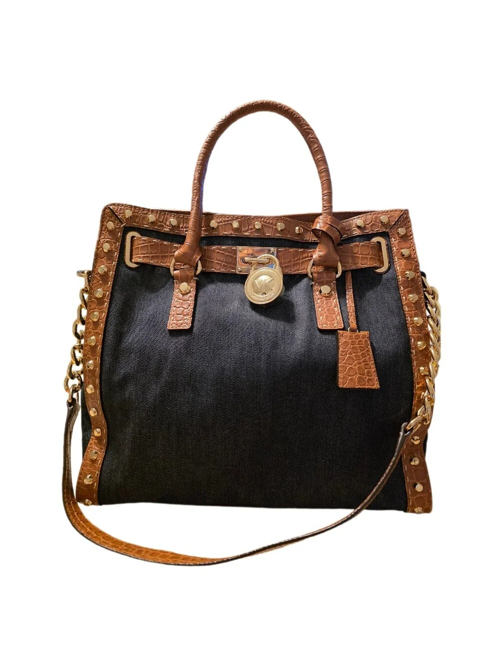 Michael Kors Hamilton Studded Denim Croc Leather Large North/South Tote Bag EUC